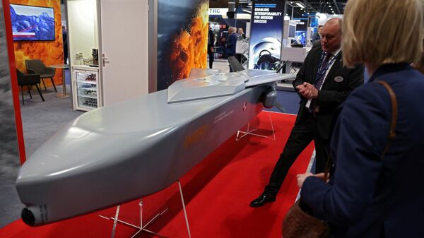 A guide missile ground target KEPD 350 manufactured by the Swedish-German company Taurus is displayed at the International Defence and Security fair of Madrid, on May 17, 2023 - Sputnik International
