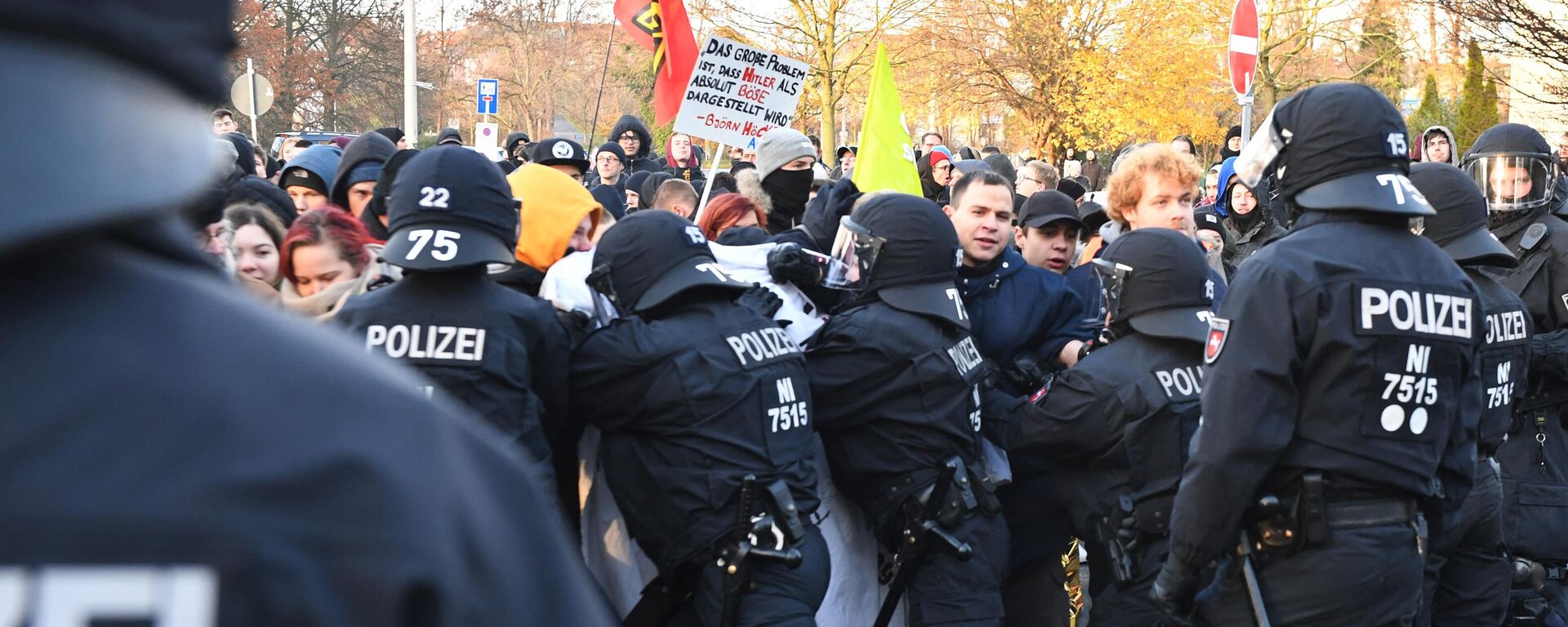 Police force demonstrators back during protests against the congress of the Alternative for Germany (AfD) right-wing party on November 30, 2019 in Braunschweig, in north-central Germany - Sputnik International, 1920, 27.01.2024