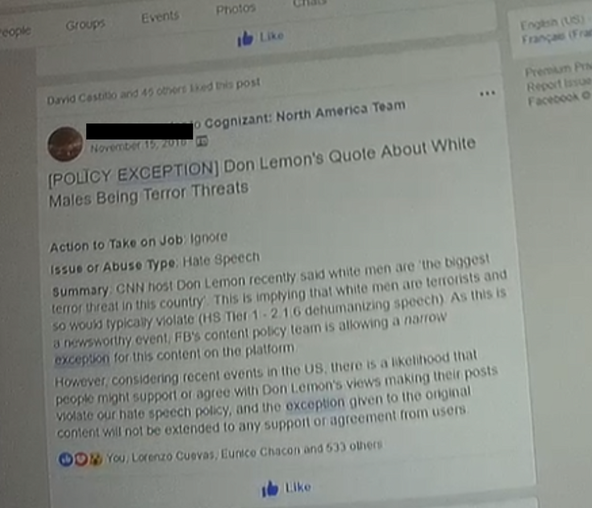 Screenshot provided to Sputnik by Facebook content moderator-turned whistleblower Ryan Hartwig instructing moderators to ignore reports by users listing CNN host Don Lemon's statement that White men are the biggest terror threat in this country as hate speech. - Sputnik International, 1920, 03.02.2024