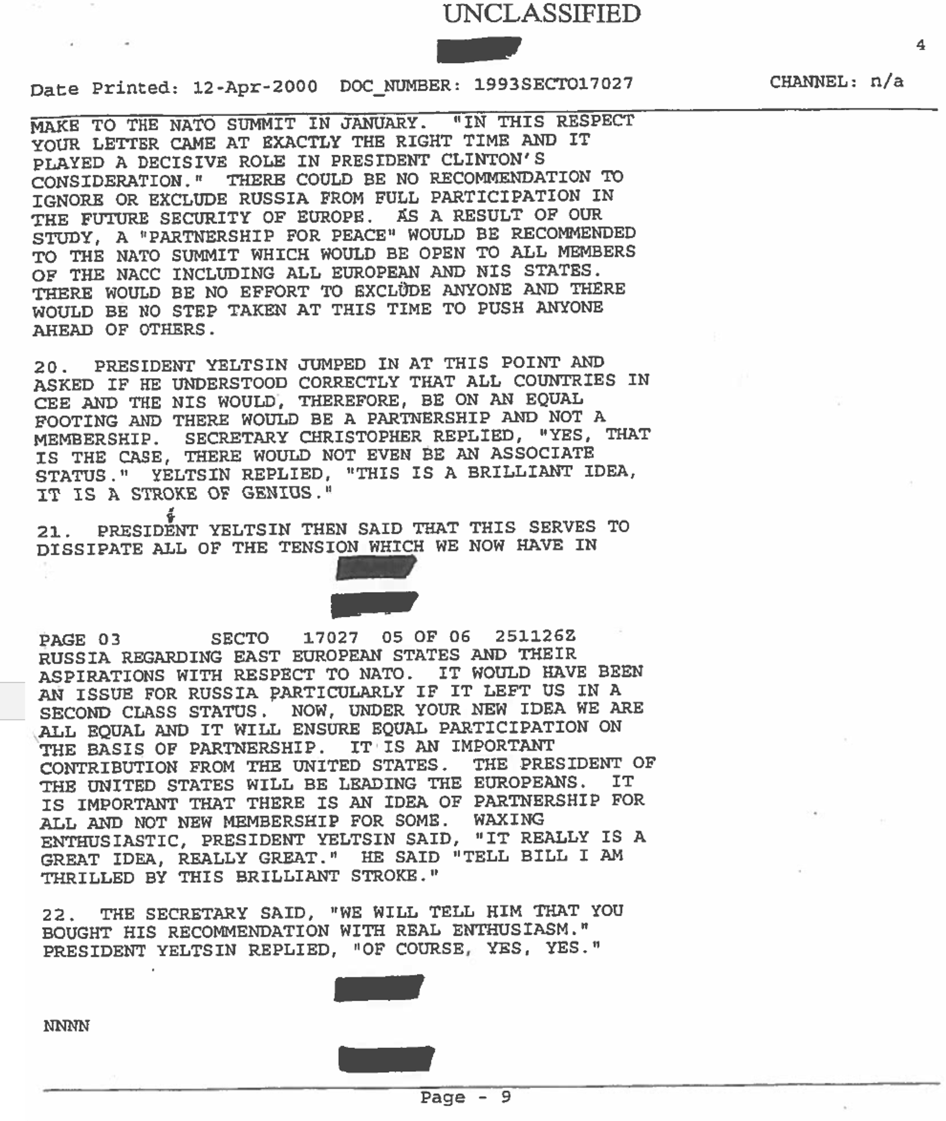 Excerpt from declassified October 1993 conversation between Russian President Boris Yeltsin and Bill Clinton's secretary of state. - Sputnik International, 1920, 08.02.2024