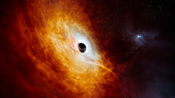 This artist’s impression shows the record-breaking quasar J059-4351, the bright core of a distant galaxy that is powered by a supermassive black hole. - Sputnik International