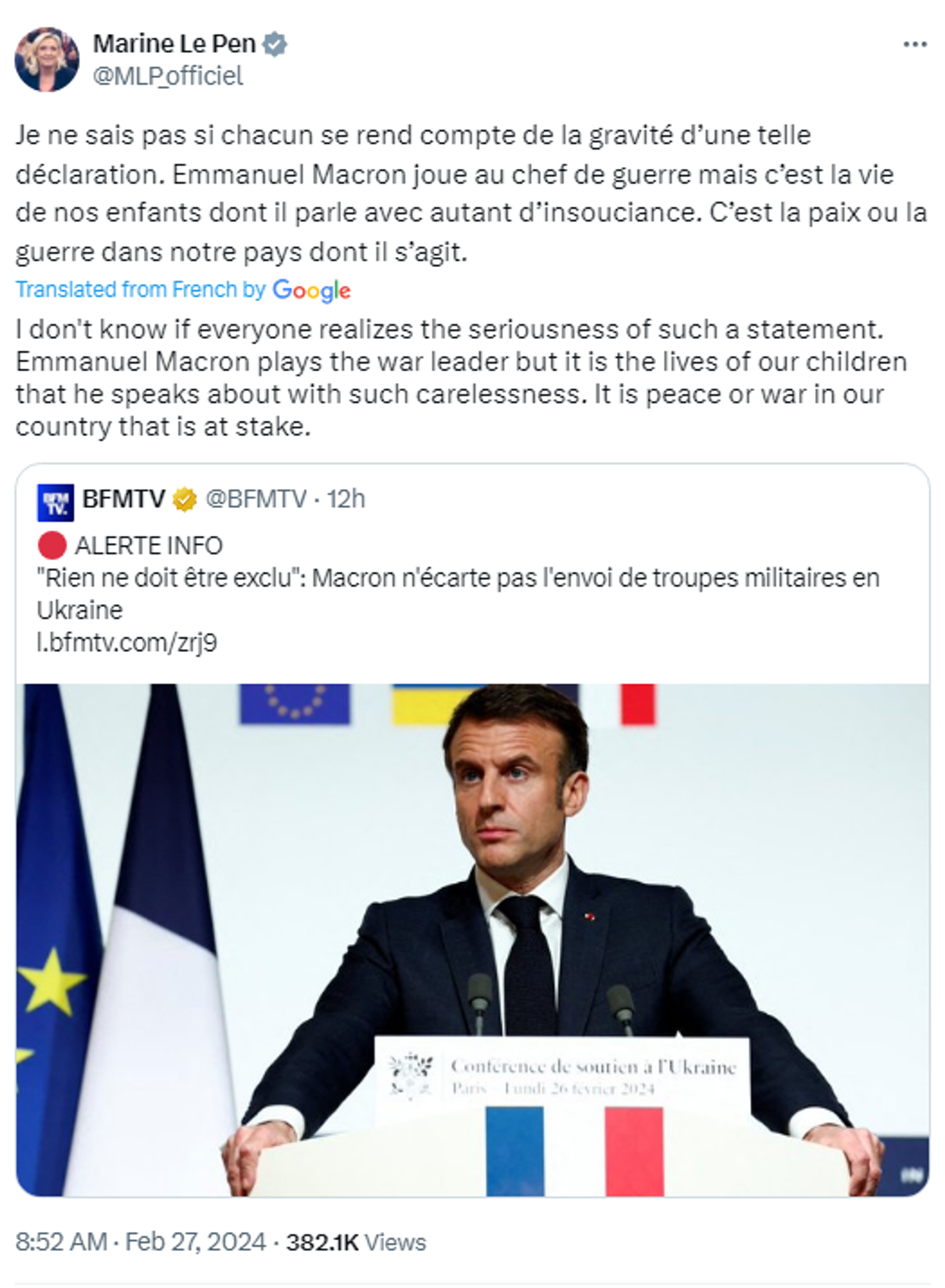 Screenshot of X post by French politician Marine le Pen. - Sputnik International, 1920, 27.02.2024