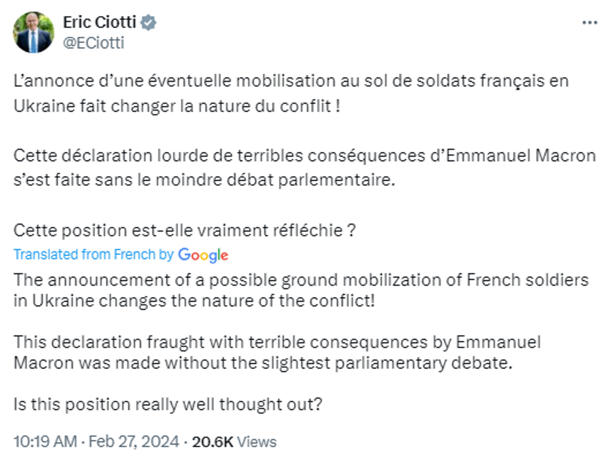 Screenshot of X post by Eric Ciotti, French politician, leader of the liberal-conservative The Republicans (LR) party. - Sputnik International, 1920, 27.02.2024