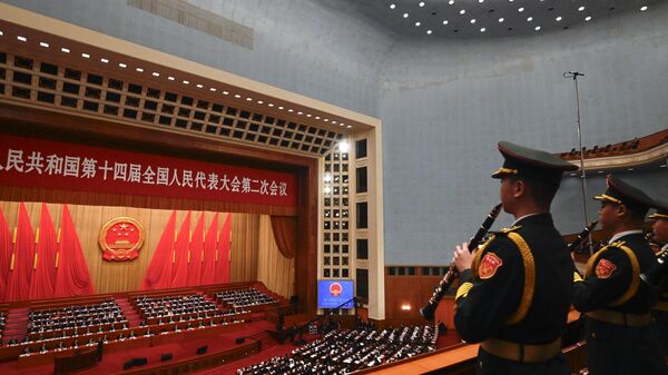 The People's Liberation Army (PLA) band performs during the opening session of the National People's Congress (NPC) at the Great Hall of the People in Beijing on March 5, 2024. - Sputnik International