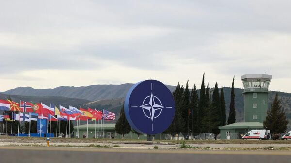 Giant circular NATO logo erected at the Kuçova airbase for a ceremony dedicated to the base's reopening after renovations, Monday, March 4, 2024. - Sputnik International