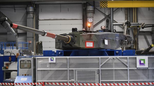 A Leopard 2 tank is pictured at a production line at the future site of an ordnance factory of German arms manufacturer Rheinmetall. - Sputnik International