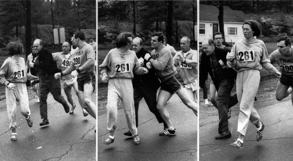Kathrine Switzer is an American marathon runner. She had to list herself as &quot;K. Switzer of Syracuse&quot; to participate in all-male Boston Marathon in 1967. During the race, the manager of the competition tried to throw her out, pushing her and pulling at her clothes. However, Kathrine successfully stayed in line and finished the race.  - Sputnik International