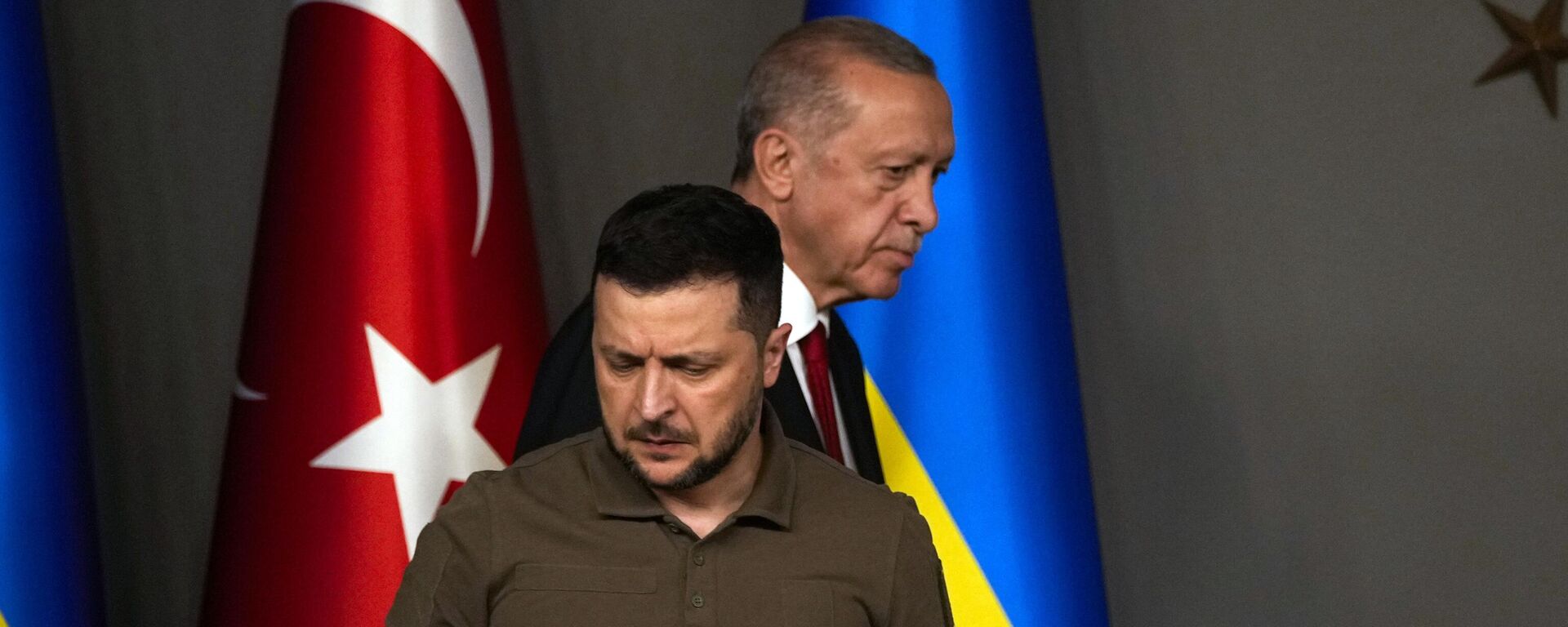 Turkiye's President Recep Tayyip Erdogan, rear, and Ukraine's President Volodymyr Zelensky arrive for a joint news conference following their meeting in Istanbul, Turkiye, early Saturday, July 8, 2023 - Sputnik International, 1920, 09.03.2024