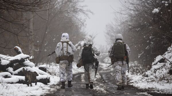 Ukrainian soldiers walks near Katerinovka, Donetsk region - Sputnik International