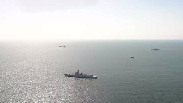 Russia, Iran and China stage week-long large-scale drills in the Gulf of Oman and the northern Indian Ocean. Screenshot of Russian Defense Ministry video. - Sputnik International