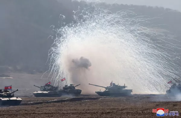 The aftermath of the team-vs.-team tank unit battle of the Korean People's Army. Photo: KCNA. 