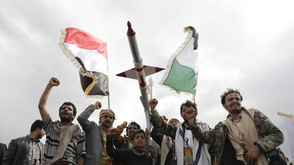 Houthi supporters attend a rally against the US airstrikes on Yemen and the Israeli offensive against the Palestinians in Gaza SAtrip, in Sanaa, Yemen, Friday, March 8, 2024. - Sputnik International