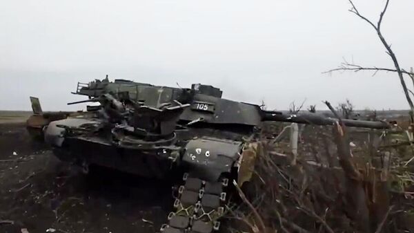 Abrams MBT knocked out near the Donetsk suburb of Avdeyevka. Screenshot of Russian Defense Ministry video. - Sputnik International