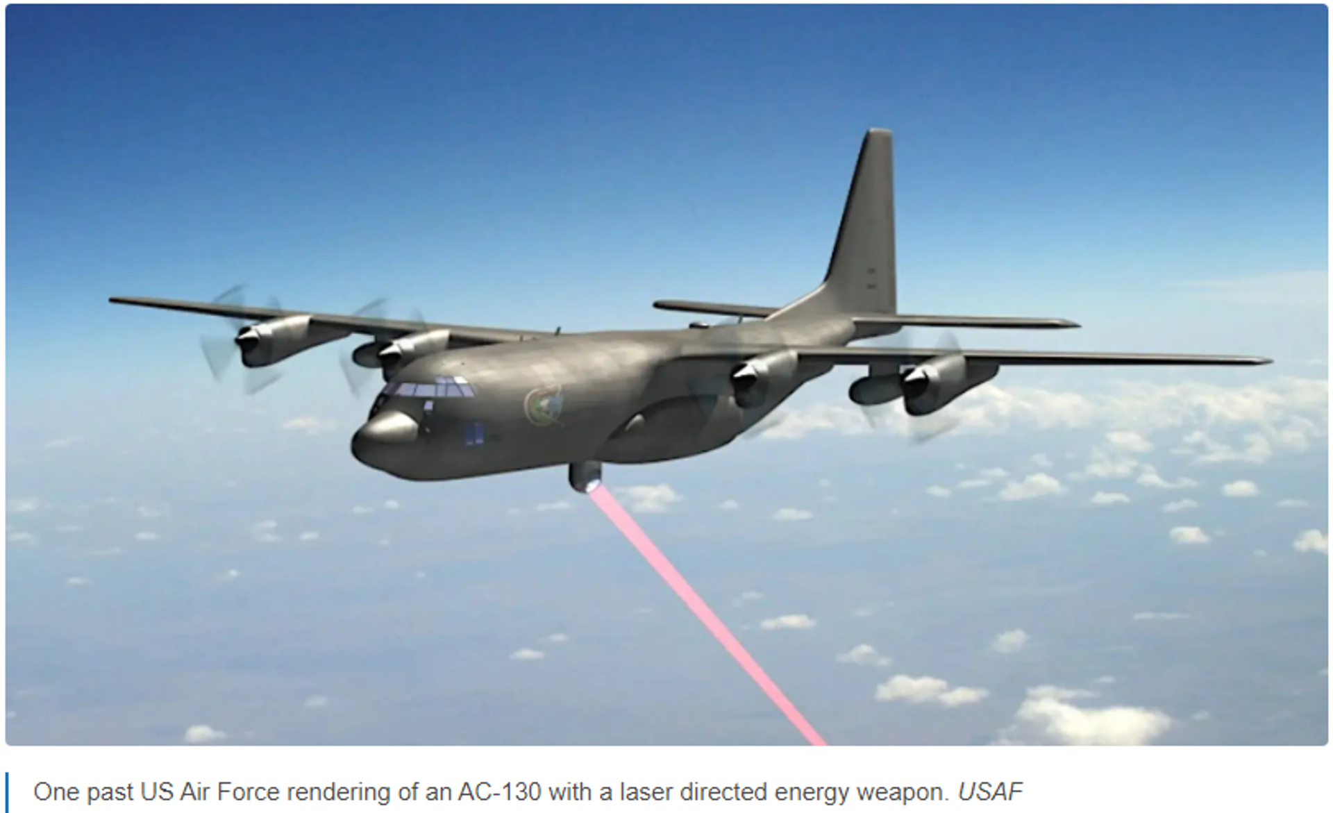 Screenshot showing a dated US Air Force rendering of an AC-130 with a laser directed energy weapon. USAF - Sputnik International, 1920, 21.03.2024