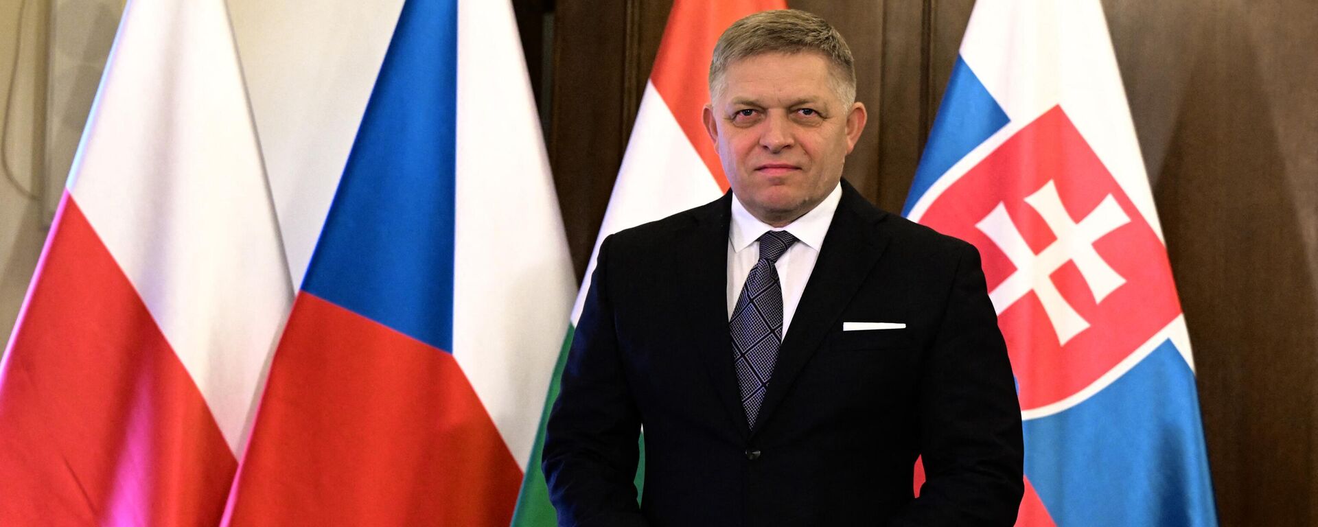 Slovakia's Prime Minister Robert Fico arrives for a family photo with Polish, Hungarian and Czech counterparts prior to the Visegrad Group (V4) meeting at the Government headquarter in Prague, Czech Republic, on February 27, 2024.  - Sputnik International, 1920, 21.03.2024