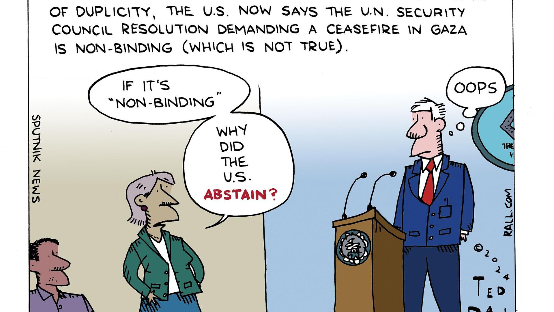 Never missing a chance to set a lower standard of duplicity, the U.S. now says the U.N. Security Council resolution demanding a ceasefire in Gaza is non-binding (which is not true). - Sputnik International, 1920, 27.03.2024