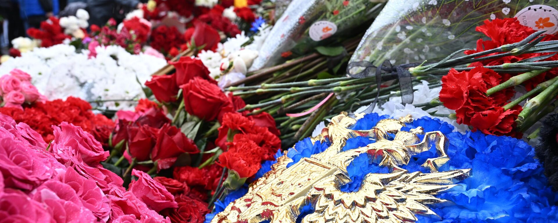 Flowers and tributes from all-Russian youth organisations Young Guard of United Russia and Volunteer Squad are placed at a makeshift memorial to the victims of the March 22 terrorist attack on the Crocus City Hall concert venue near Moscow, in Moscow Region, Russia. - Sputnik International, 1920, 27.03.2024