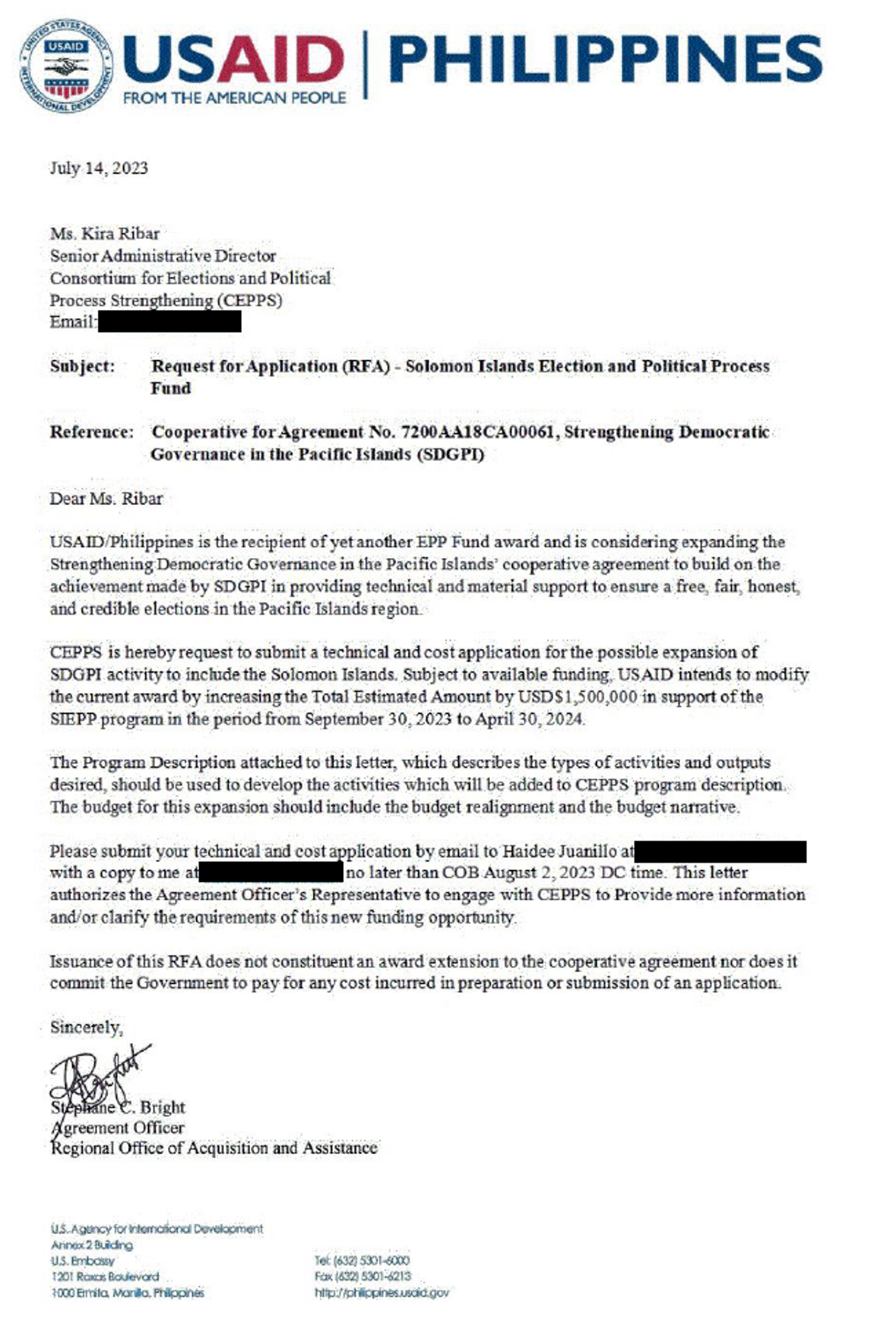 Letter from USAID Regional Office of Acquisition and Assistance agreement officer Stephane C. Bright to Kira Ribar, senior administrative director to the Consortium for Elections and Political Process Strengthening (CEPPS) regarding allocations to the Solomon Islands Election and Political Process Fund. - Sputnik International, 1920, 07.04.2024