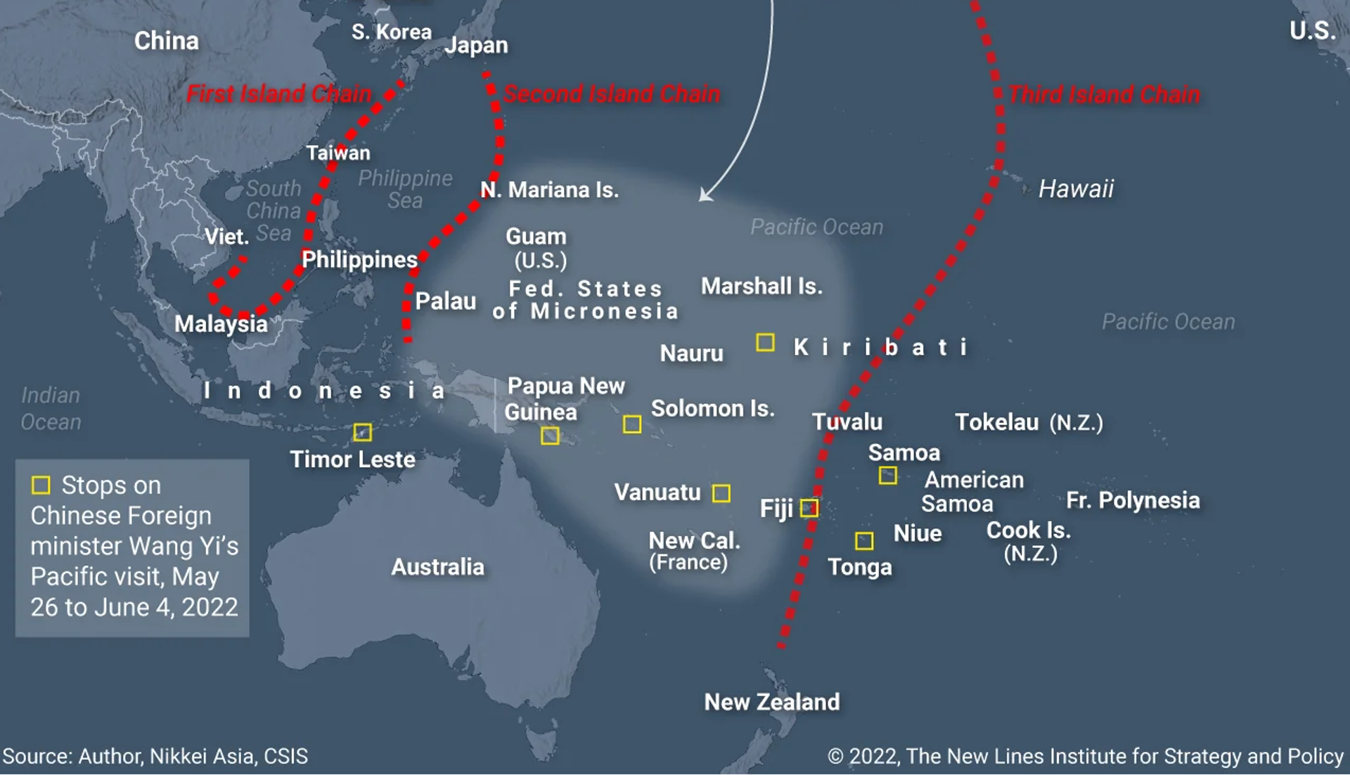 Excerpt from New Lines Institute for Strategy and Policy map showing the East Asian and Pacific Island nations at the faultlines of the US's so-called 'Island Chain Strategy', designed to hem China in militarily and commercially in its home shores. - Sputnik International, 1920, 05.04.2024