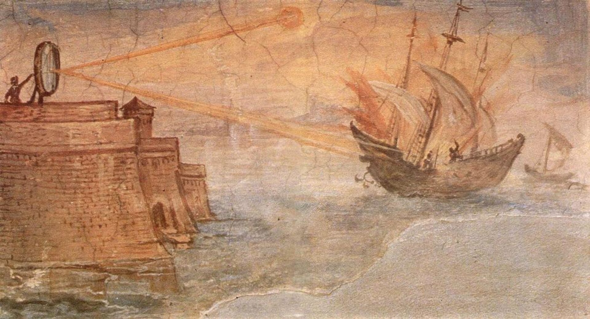 A wall painting from the Uffizi Gallery, Stanzino delle Matematiche, in Florence, Italy, shows the Greek mathematician Archimedes' mirror burning Roman military ships. Painted in 1600 by Gieulio Parigi. - Sputnik International, 1920, 12.04.2024