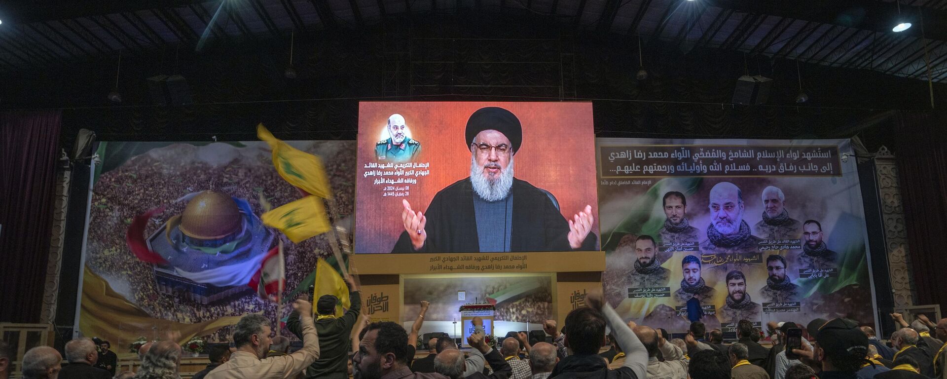 Hezbollah leader Sayyed Hassan Nasrallah speaks in a televised address via a video link during a ceremony to commemorate the death of the Iranian Revolutionary Guard Gen. Mohammad Reza Zahedi, and six officers, who were killed by an Israeli airstrike - Sputnik International, 1920, 12.04.2024