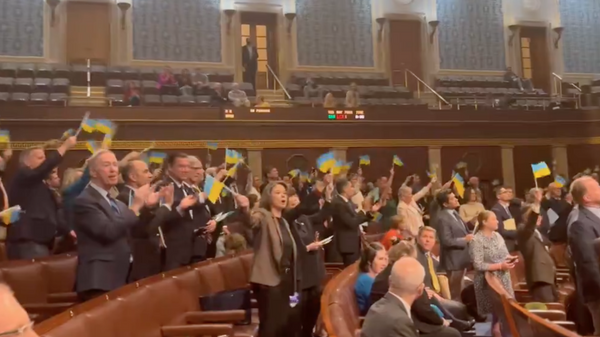 Screenshot from a video posted to the X social media platform by Rep. Thomas Massie (R-KY) of members of the US House of Representatives waving Ukrainian flags after the passage of an expansive military aid bill for the country. - Sputnik International