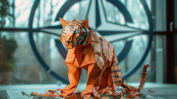 A depiction of an Origami paper tiger sitting in front of a NATO logo, AI Generated - Sputnik International
