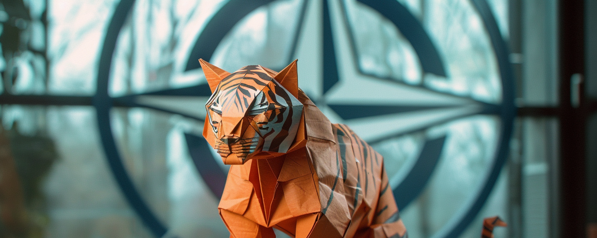 A depiction of an Origami paper tiger sitting in front of a NATO logo, AI Generated - Sputnik International, 1920, 30.04.2024