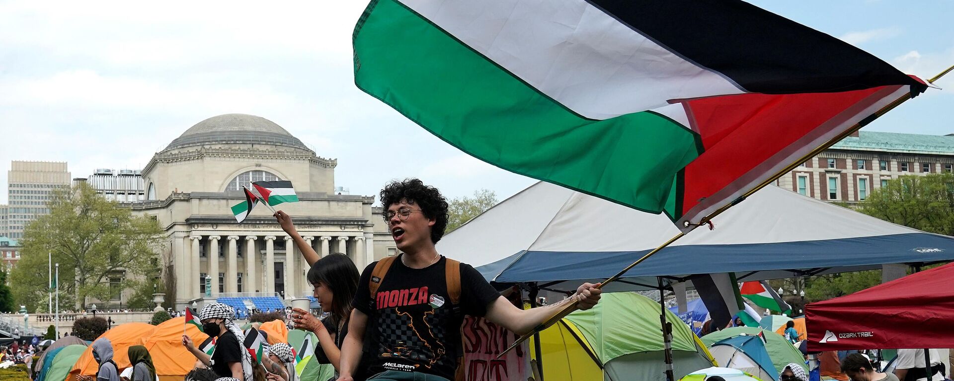 Protestors wave Palestinian flags on the West Lawn of Columbia University on April 29, 2024 in New York - Sputnik International, 1920, 03.05.2024