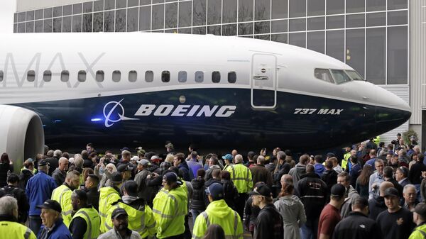 A Boeing 737 MAX 7, the newest version of Boeing's fastest-selling airplane, is displayed during a debut for employees and media of the new jet Monday, Feb. 5, 2018, in Renton, Wash - Sputnik International