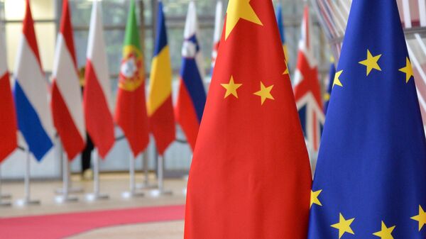 European Union and Chinese flags are pictured during an annual EU-China summit in Brussels, Belgium - Sputnik International