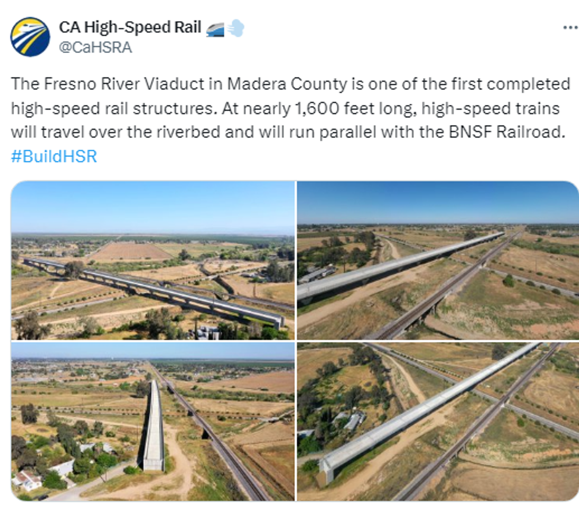 Screenshot of X post by California High Speed Authority showing the Fresno River Viaduct. - Sputnik International, 1920, 09.05.2024