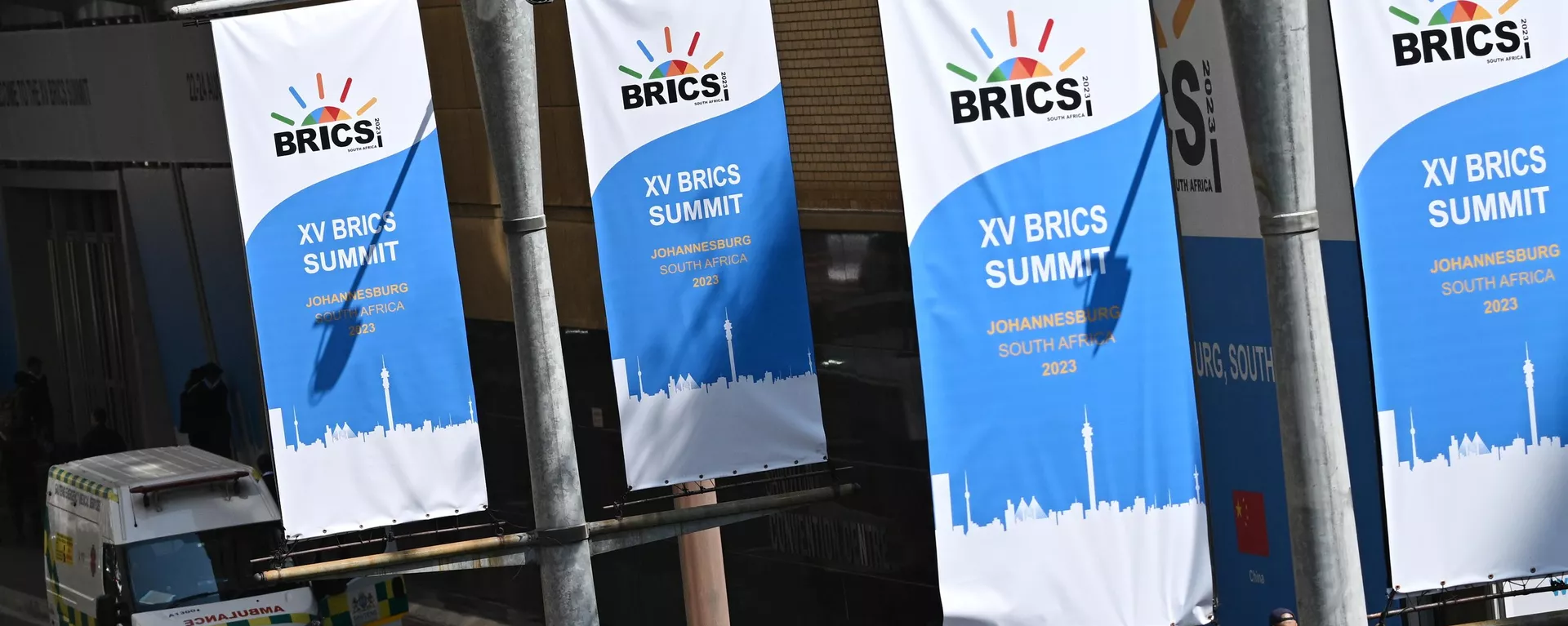 Banners with the BRICS logo at summit in South Africa in 2023. - Sputnik International, 1920, 09.05.2024