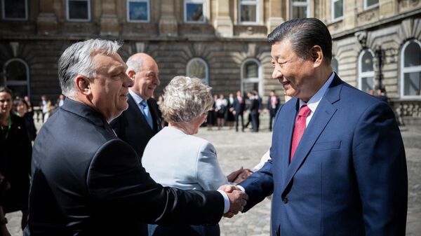 Chinese President Xi Jinping (R) shakes hands with Hungarian Prime Minister Viktor Orban (L) prior to a welcoming ceremony in Buda Castle of Budapest, Hungary on May 9, 2024. - Sputnik International