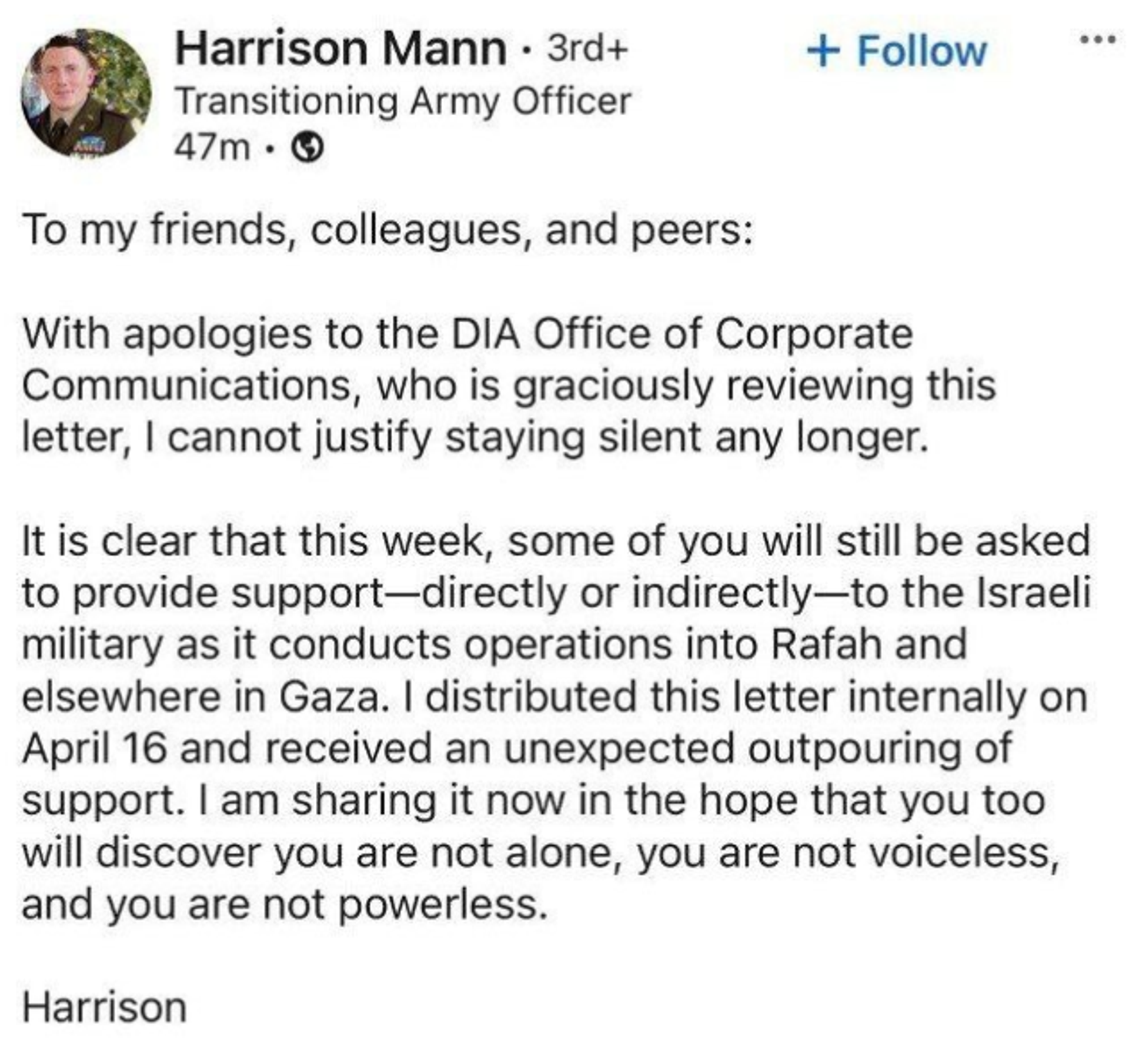 Screenshot of LinkedIn post by Major Harrison Mann. - Sputnik International, 1920, 14.05.2024