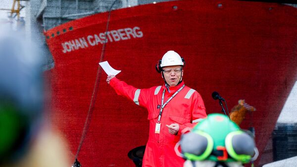 Norwegian Finance Minister Trygve Slagsvold Vedum speaks at the Aker Solutions' shipyard in Stord, Norway on May 7, 2024 during a ceremony prior to the planned departure of Norway's largest floating production ship 'Johan Castberg' for the 'Johan Castberg' field in the Barents Sea. - Sputnik International
