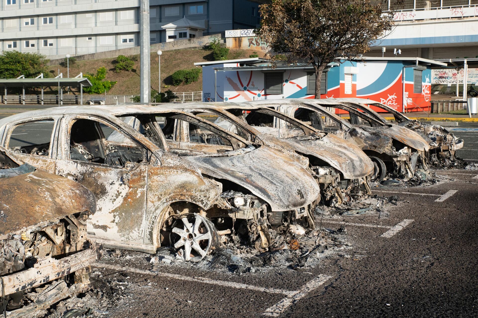 Burnt-out cars in the parking lot of the old hospital on the outskirts of Noumea on May 16, 2024, amid protests linked to a debate on a constitutional bill aimed at enlarging the electorate for upcoming elections of the overseas French territory of New Caledonia. - Sputnik International, 1920, 16.05.2024