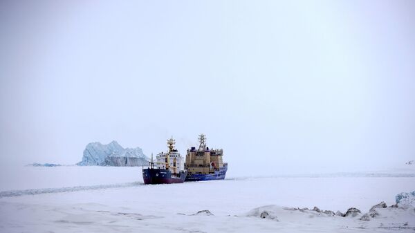 An Icebreaker making the path for a cargo ship with an iceberg in the background near a port on the Alexandra Land island near Nagurskoye, Russia, Monday, May 17, 2021. - Sputnik International