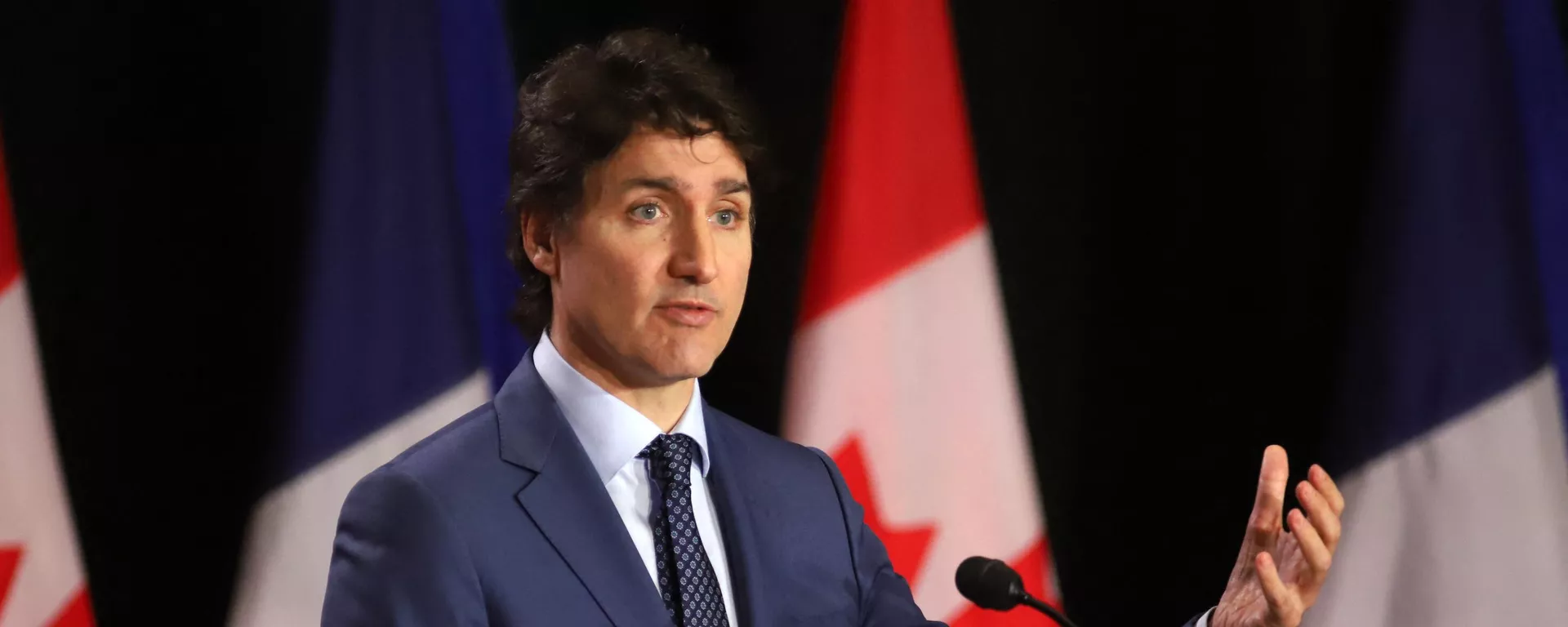 Canadian Prime Minister Justin Trudeau speaks during a joint press conference with French Prime Minister Gabriel Attal (out of frame) at the Sir John A. Macdonald building in Ottawa on April 11, 2024. - Sputnik International, 1920, 28.05.2024