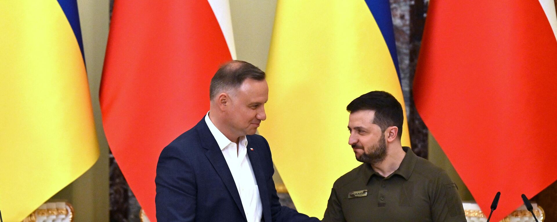 Ukrainian President Volodymyr Zelensky (R) and his Polish counterpart Andrzej Duda shake hands during a press conference following their talks in Kiev on May 22, 2022. - Sputnik International, 1920, 29.05.2024