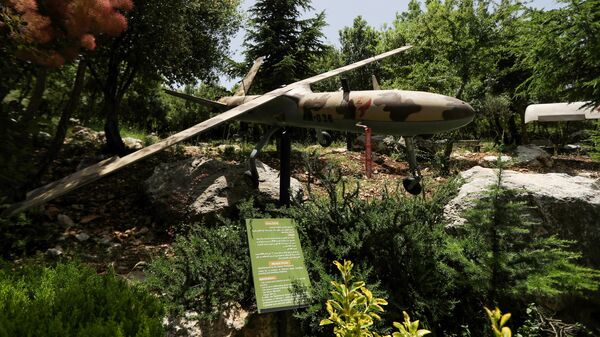 A picture taken on May 22, 2020 shows a military drone at the Hezbollah memorial landmark in the hilltop bastion of Mleeta, built in 2010 to commemorate Israel's withdrawal from the country, near the Lebanese southern village of Jarjouaa. - Sputnik International