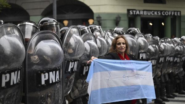 A woman holds Argentina's national flag in front of riot police during a protest in Buenos Aires on June 12, 2024. - Sputnik International