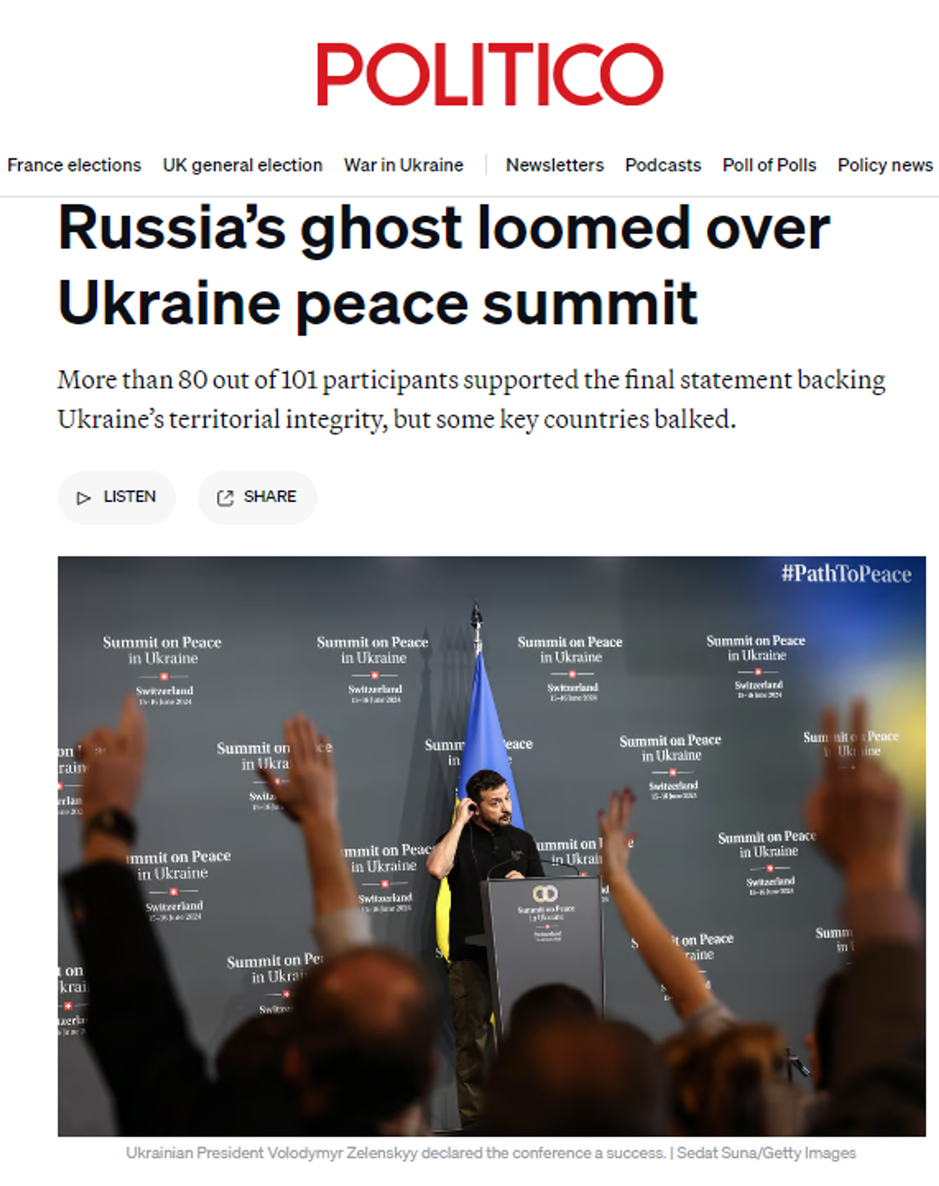 Sreenshot of story published by Politico on Zelensky's 'peace conference' on Ukraine held in Switzerland on June 15-16, 2024. - Sputnik International, 1920, 17.06.2024