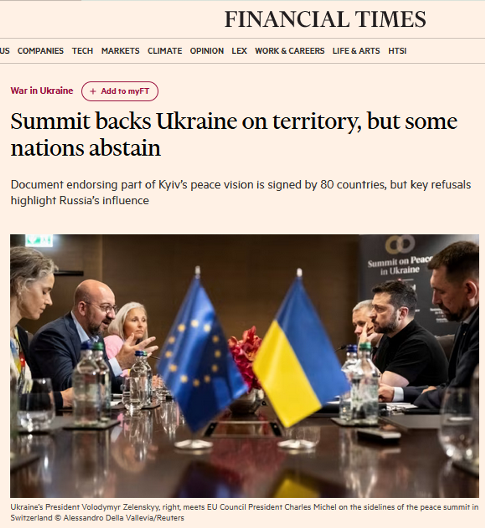 Sreenshot of story published by the Financial Times on Zelensky's 'peace conference' on Ukraine held in Switzerland on June 15-16, 2024. - Sputnik International, 1920, 17.06.2024