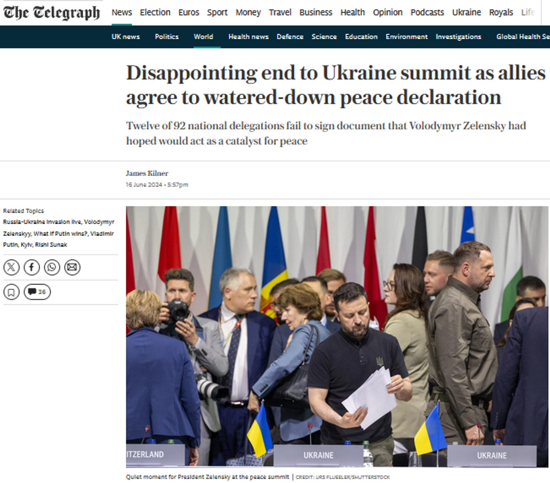 Sreenshot of story published by The Telegraph on Zelensky's 'peace conference' on Ukraine held in Switzerland on June 15-16, 2024. - Sputnik International, 1920, 17.06.2024