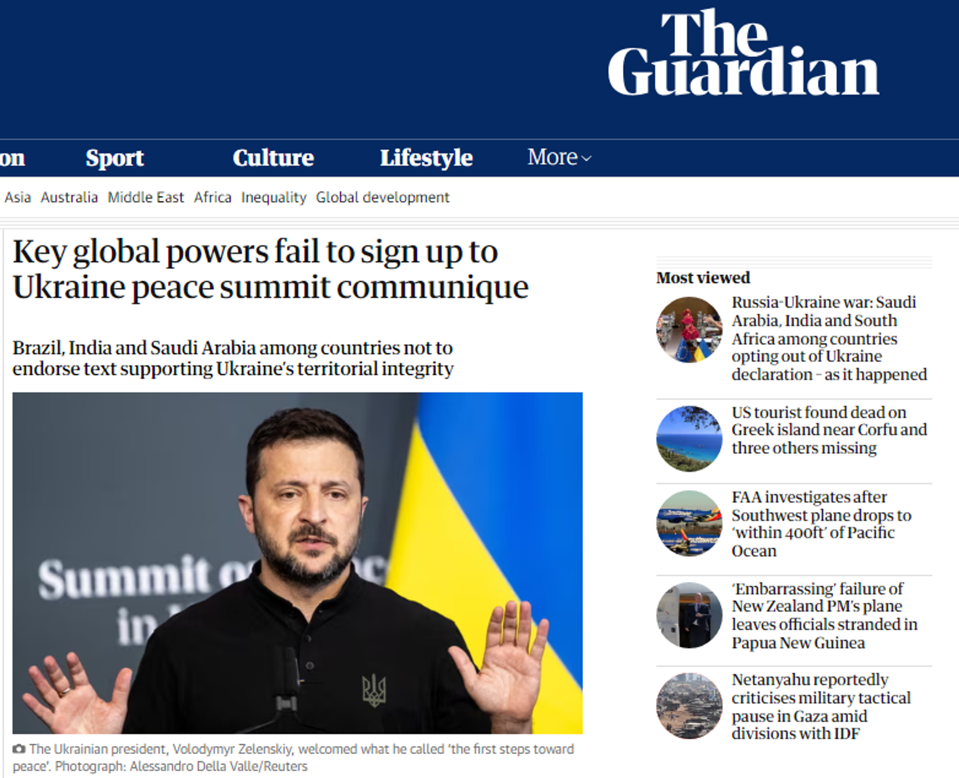 Sreenshot of story published by The Guardian on Zelensky's 'peace conference' on Ukraine held in Switzerland on June 15-16, 2024. - Sputnik International, 1920, 17.06.2024
