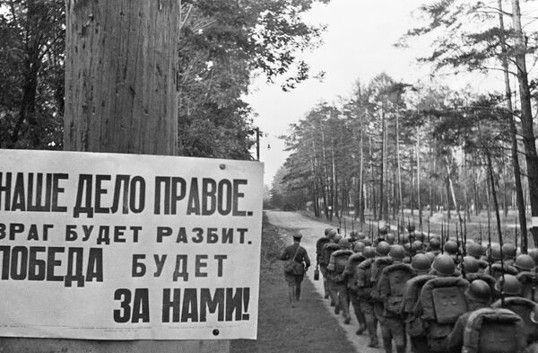 Though in the first weeks of the invasion it seemed that the Soviet defense might break, through superhuman efforts and selfless heroism of its people the USSR withstood the Nazi onslaught and prepared to take the battle to the enemy.Above: Soviet soldiers march towards the front line. The banner on the left says: &quot;Our cause is just. The enemy will be defeated. Victory will be ours.&quot; - Sputnik International