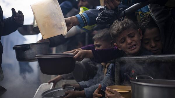 Palestinians line up for a free meal in Rafah, Gaza Strip, Friday, Feb. 16, 2024 - Sputnik International