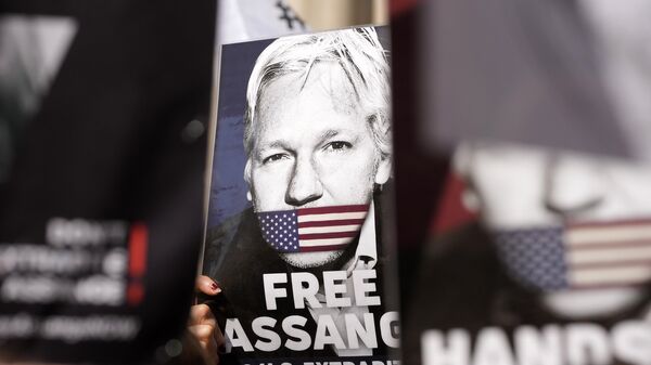 Placards featuring WikiLeaks founder Julian Assange. - Sputnik International