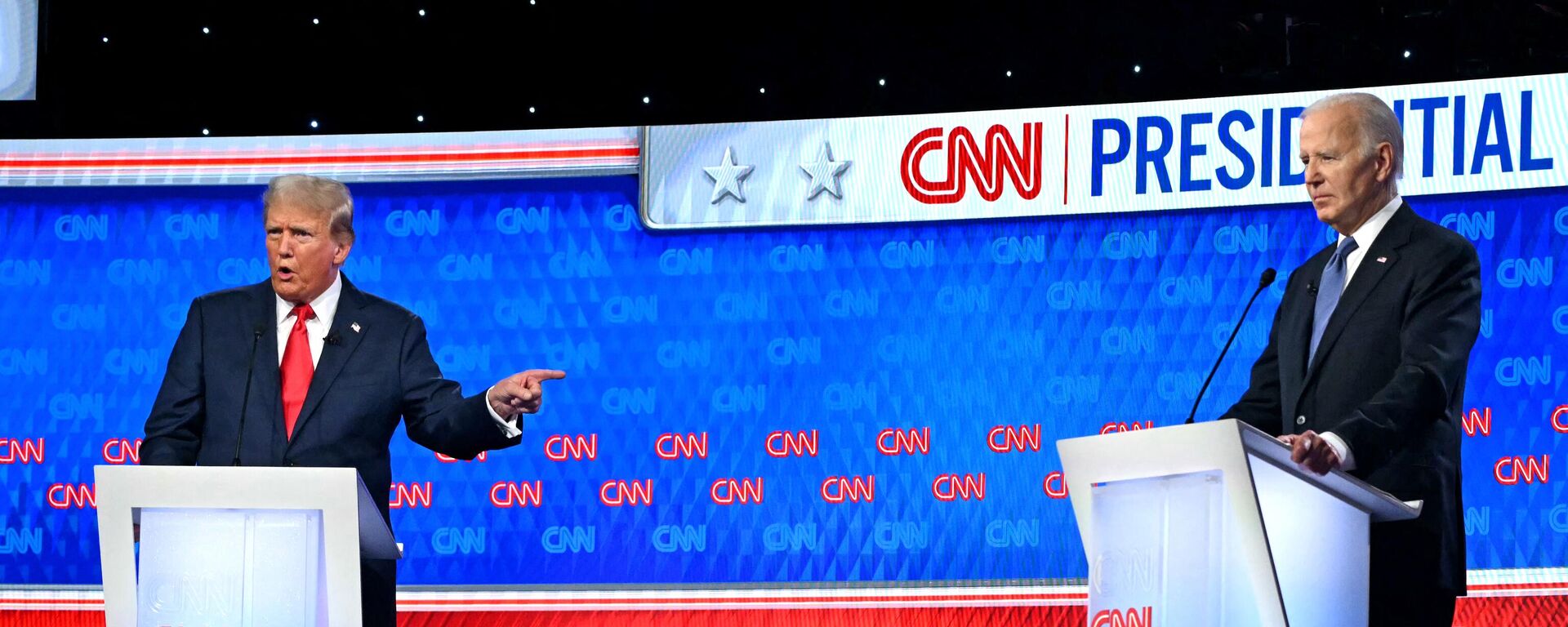 US President Joe Biden and former US President and Republican presidential candidate Donald Trump participate in the first presidential debate of the 2024 elections at CNN's studios in Atlanta, Georgia, on June 27, 2024. - Sputnik International, 1920, 28.06.2024